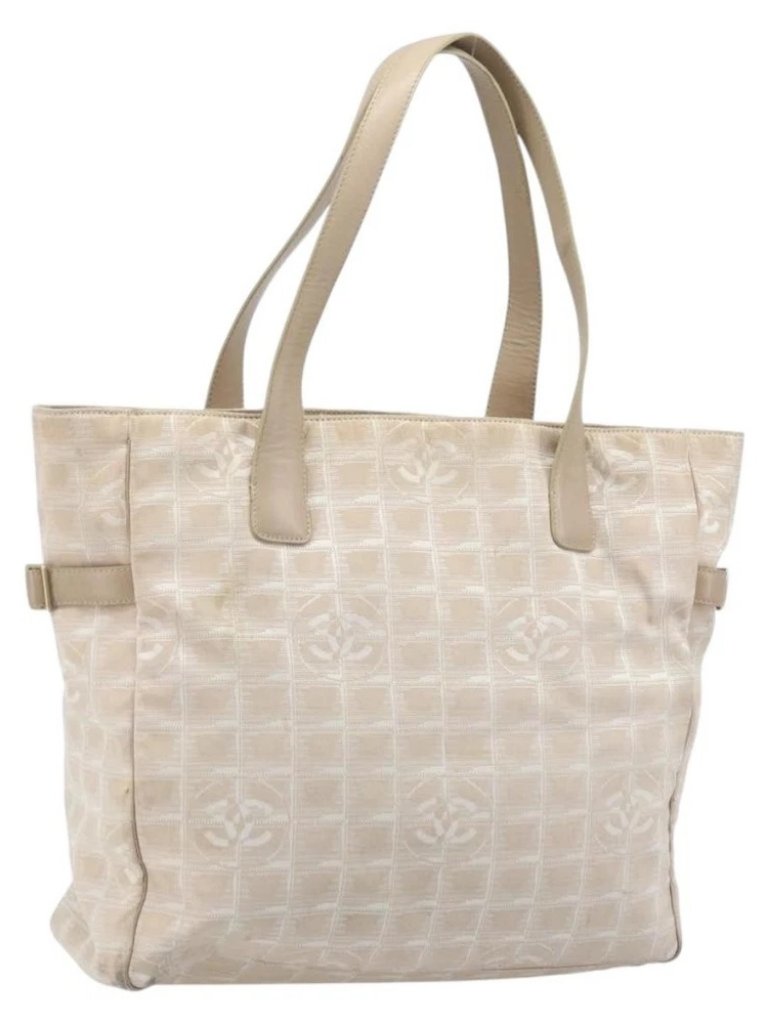 Chanel New Travel Line Tote Bag Nylon Beige Gold Cc Auth Ba11779